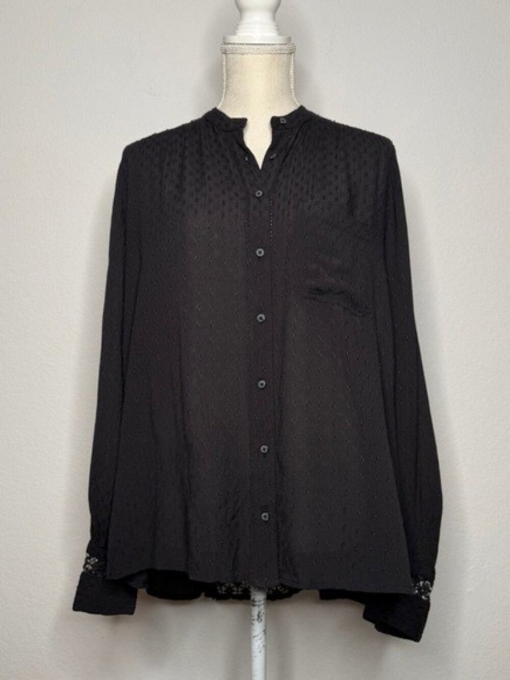 Free People Rayon Cotton Lace Panel Button Down Long Sleeve Blouse Black XS NWT
